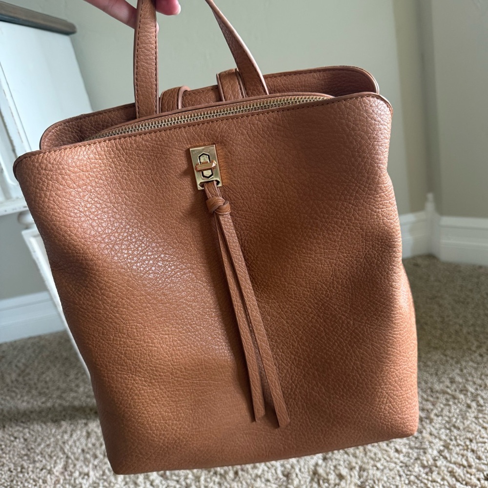 Women's Tan Leather Backpack Tote with Tassel